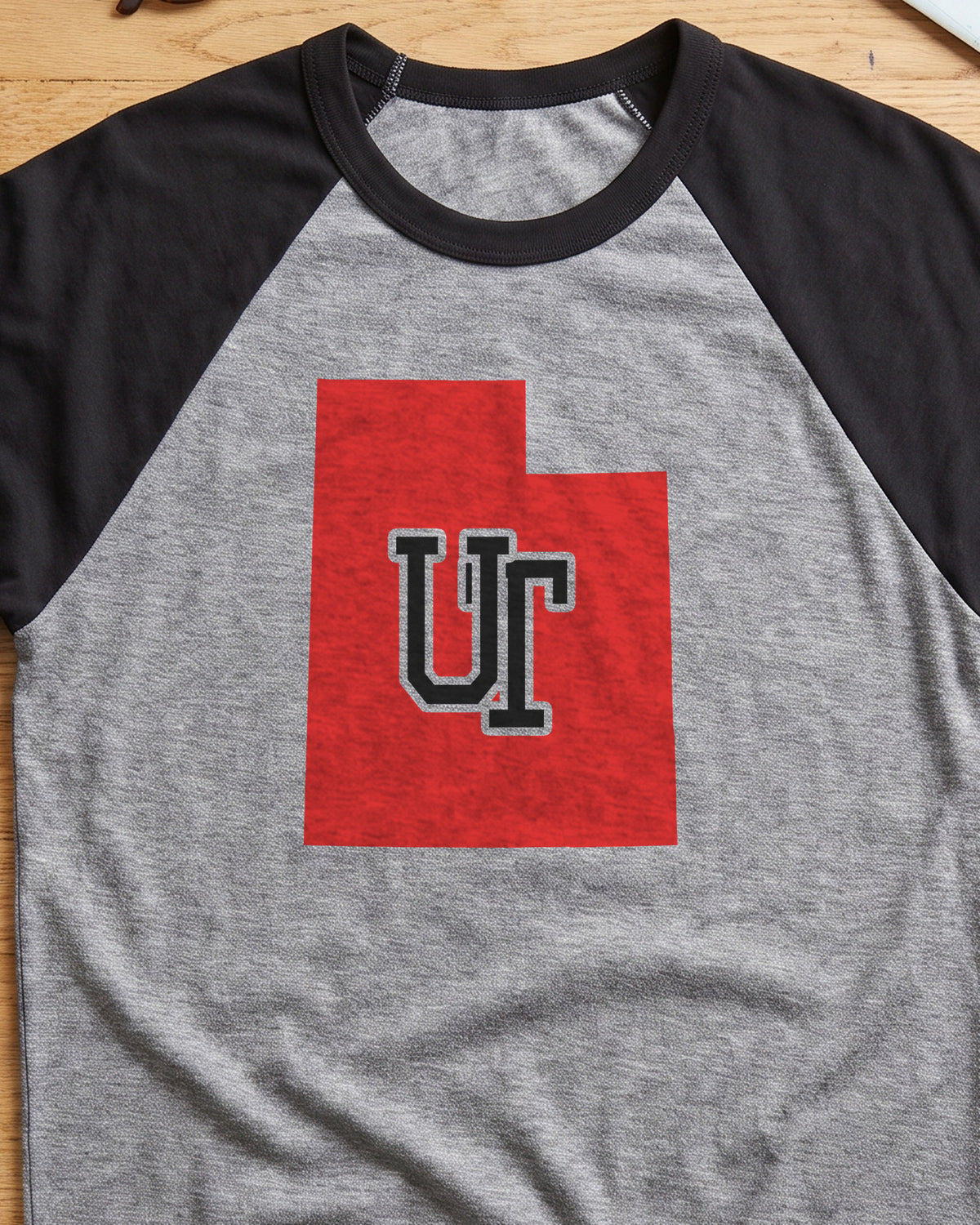 Utah Varsity Monogram Map Raglan 3/4 Sleeve Tee (close-up)