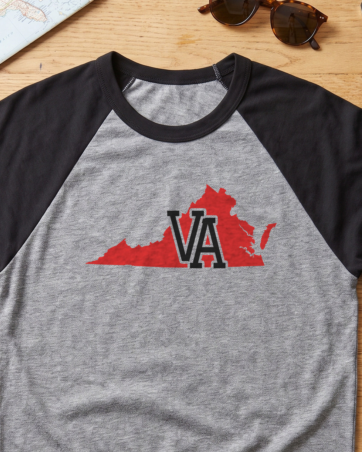 Virginia Varsity Monogram Map Raglan 3/4 Sleeve Tee (close-up)