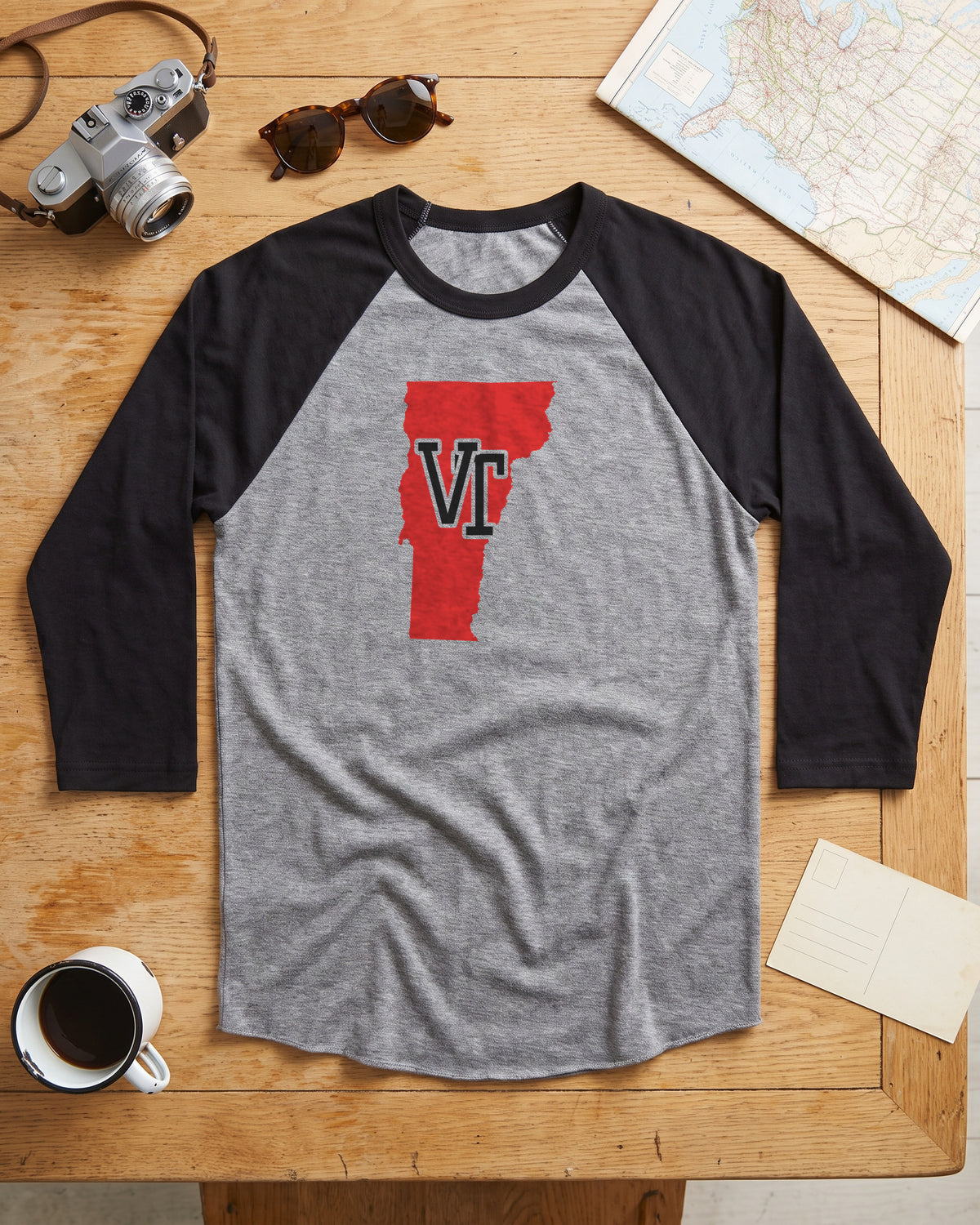 Vermont Varsity Monogram Map Raglan 3/4 Sleeve Tee (photo)
