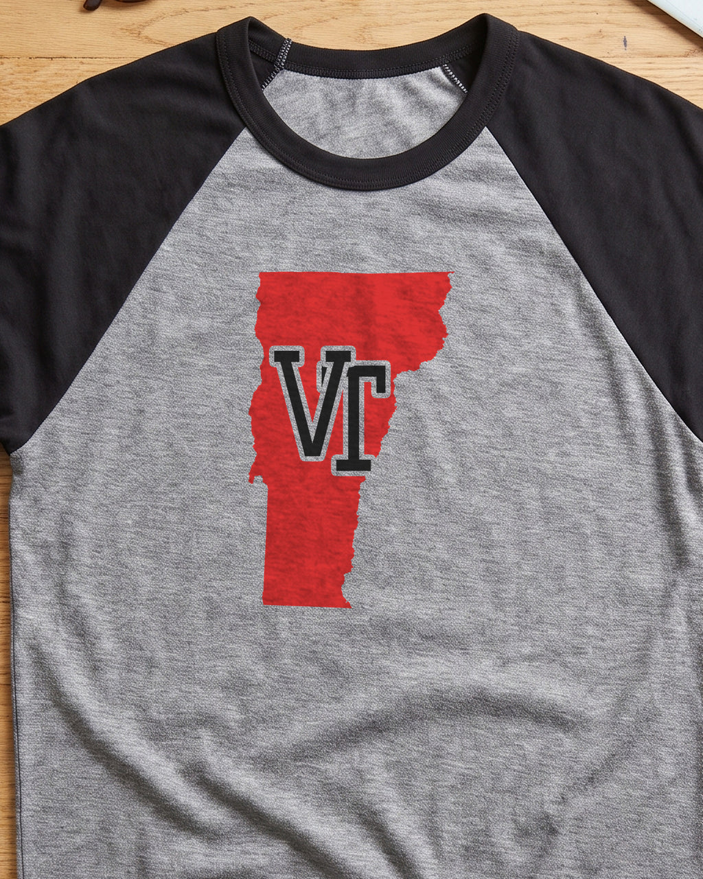 Vermont Varsity Monogram Map Raglan 3/4 Sleeve Tee (close-up)