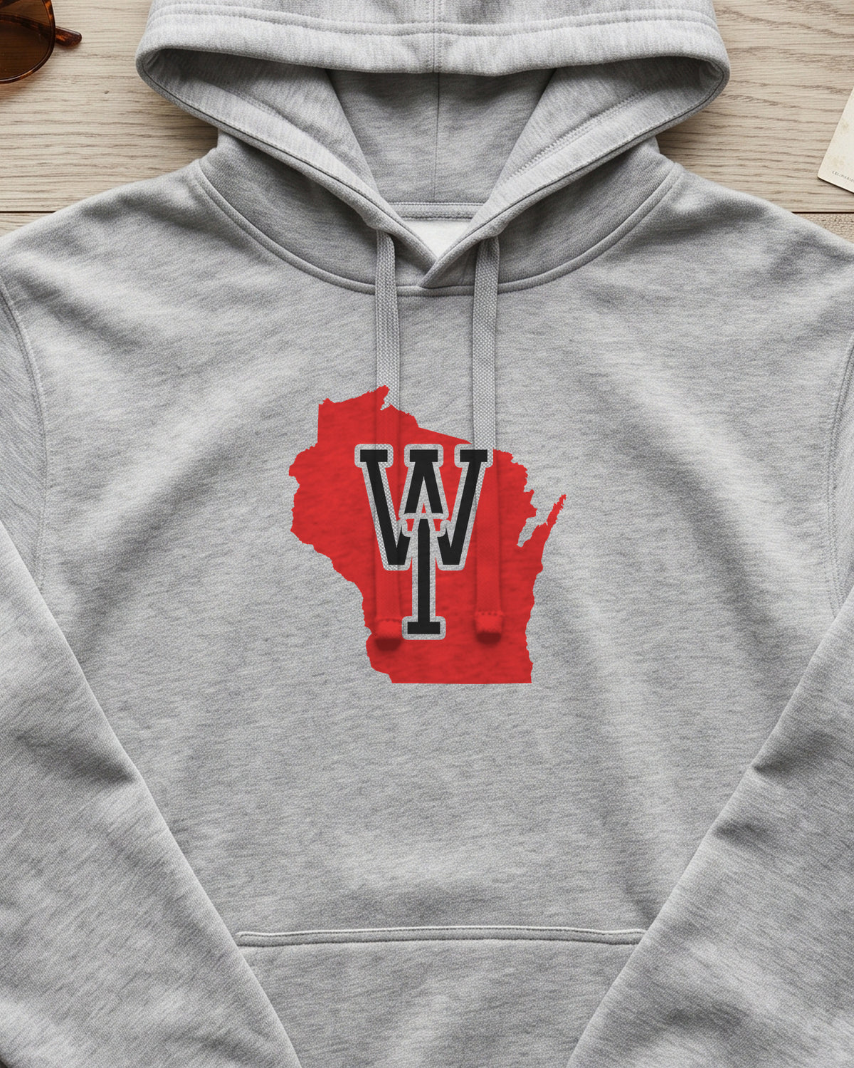 Wisconsin Varsity Monogram Map Hoodie (close-up)