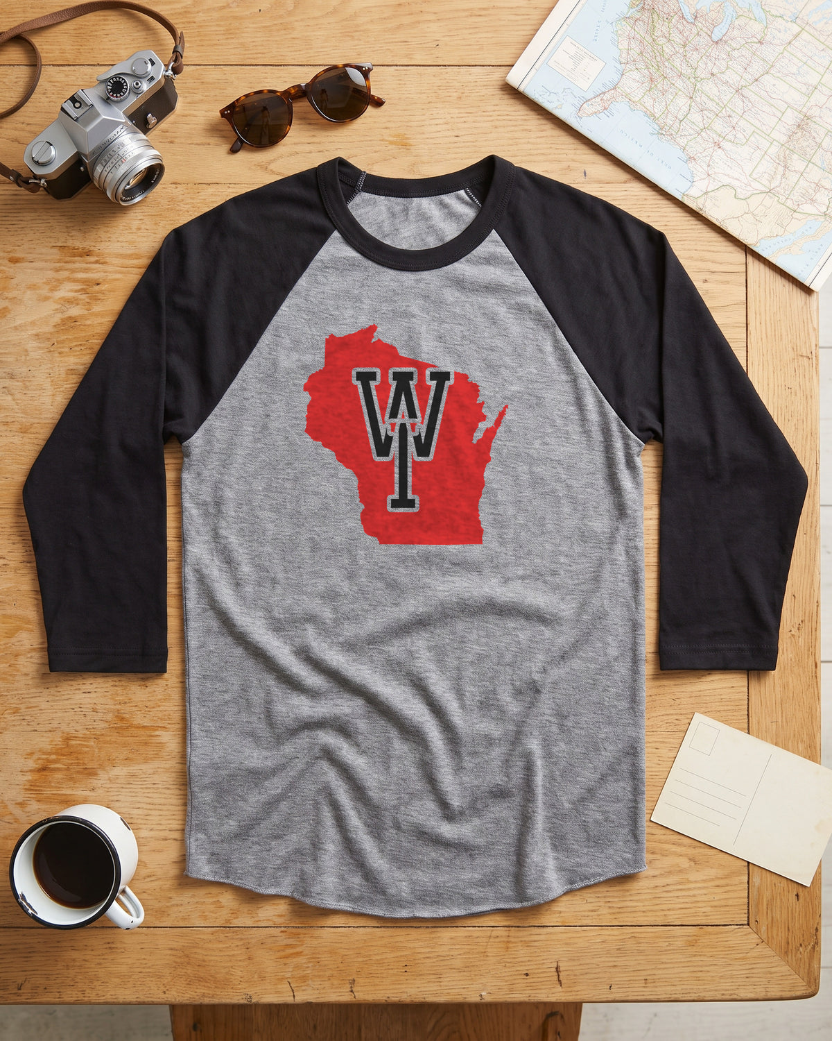Wisconsin Varsity Monogram Map Raglan 3/4 Sleeve Tee (photo)