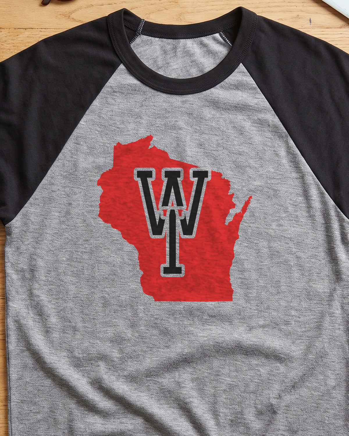 Wisconsin Varsity Monogram Map Raglan 3/4 Sleeve Tee (close-up)