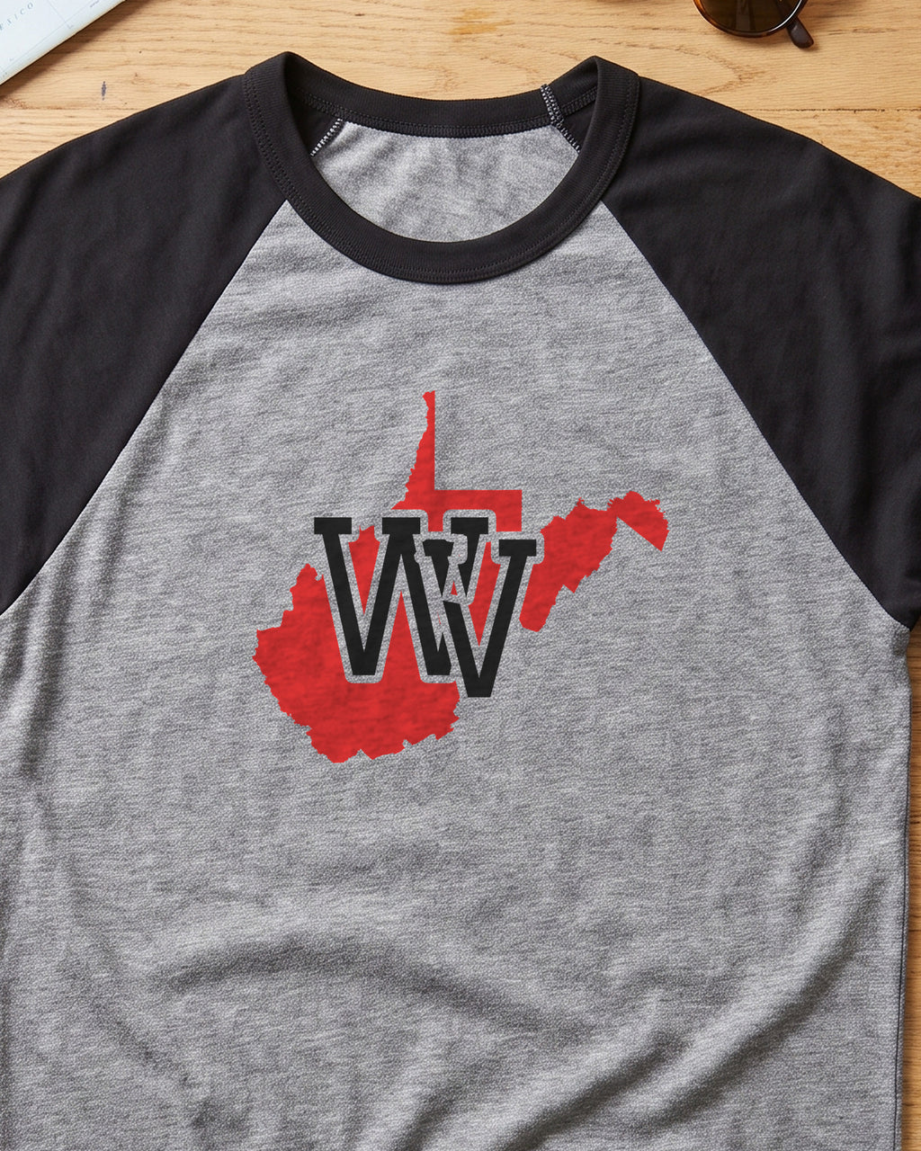 West Virginia Varsity Monogram Map Raglan 3/4 Sleeve Tee (close-up)