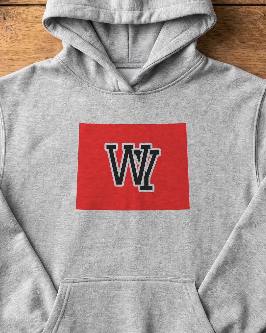 Wyoming Varsity Monogram Map Hoodie (close-up)