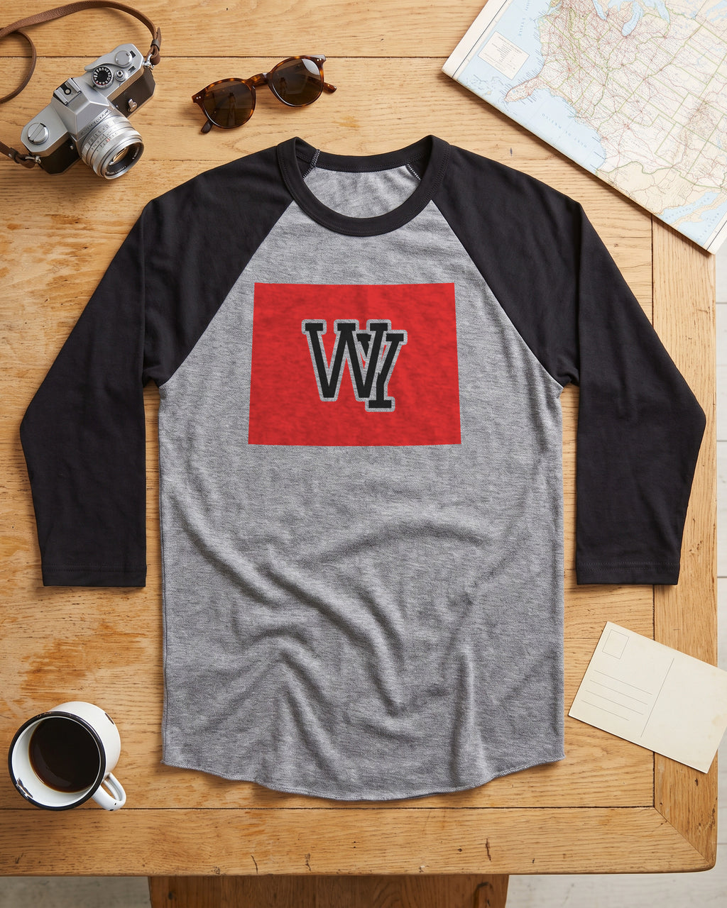 Wyoming Varsity Monogram Map Raglan 3/4 Sleeve Tee (photo)