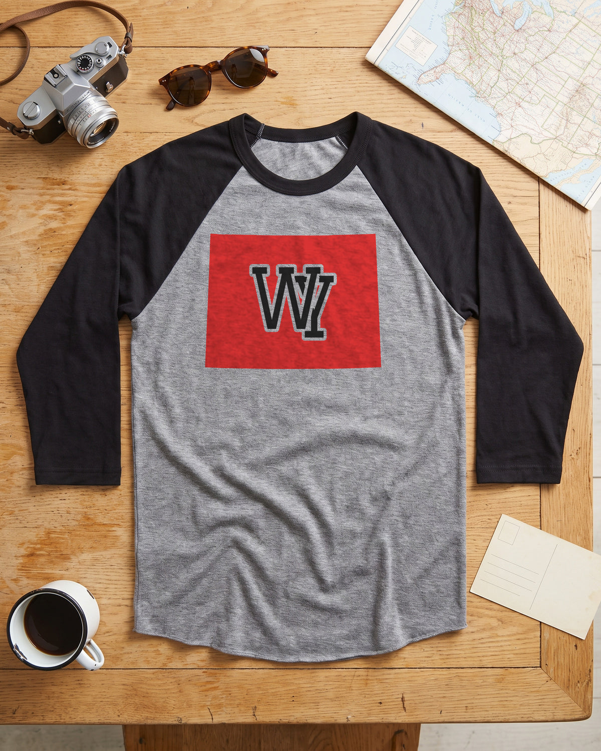 Wyoming Varsity Monogram Map Raglan 3/4 Sleeve Tee (photo)