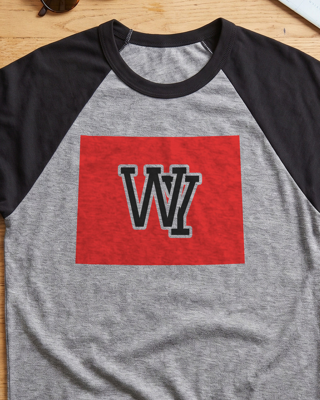 Wyoming Varsity Monogram Map Raglan 3/4 Sleeve Tee (close-up)