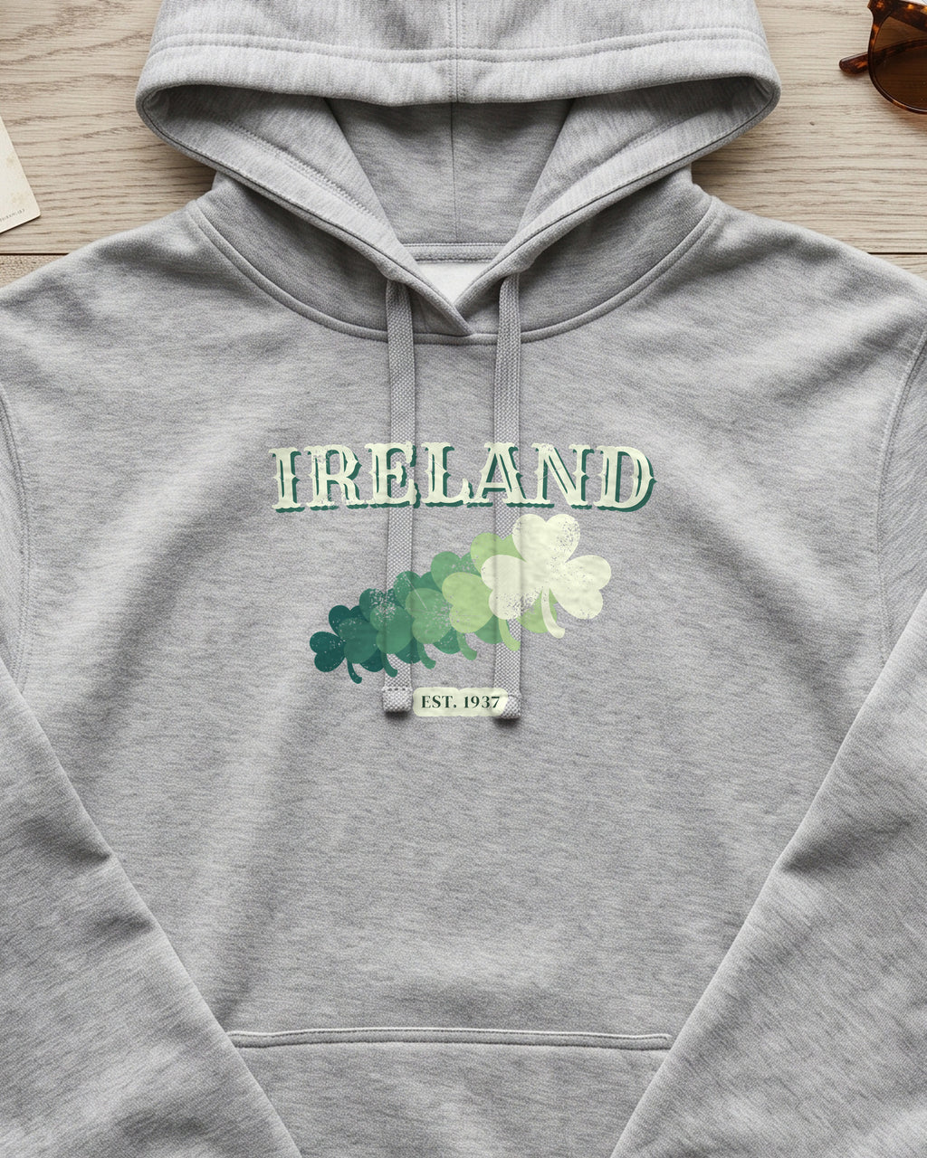 Ireland Est 1937 Vintage Ornate Lettering Hoodie (close-up)