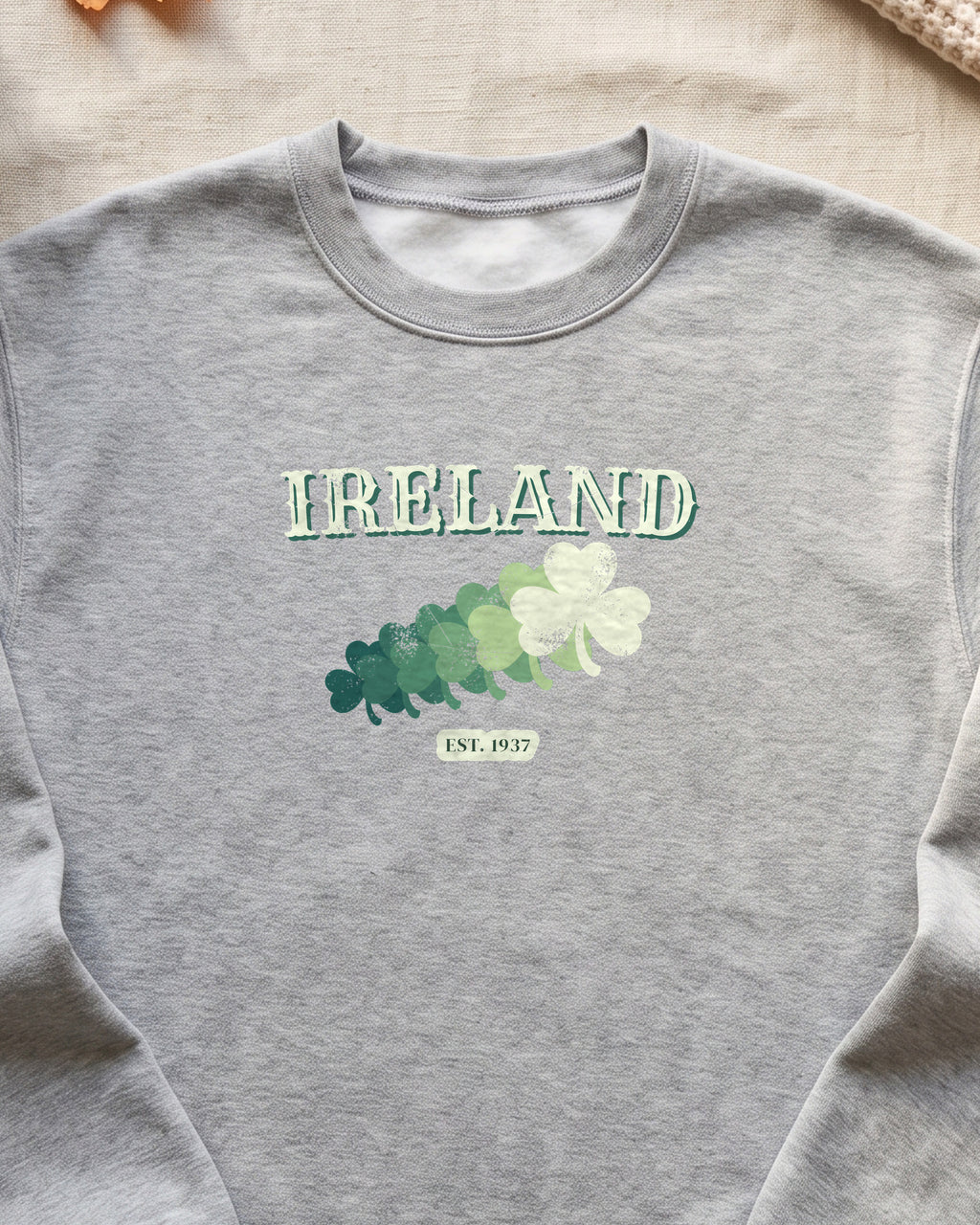 Ireland Est 1937 Vintage Ornate Lettering Crewneck Sweatshirt (close-up)