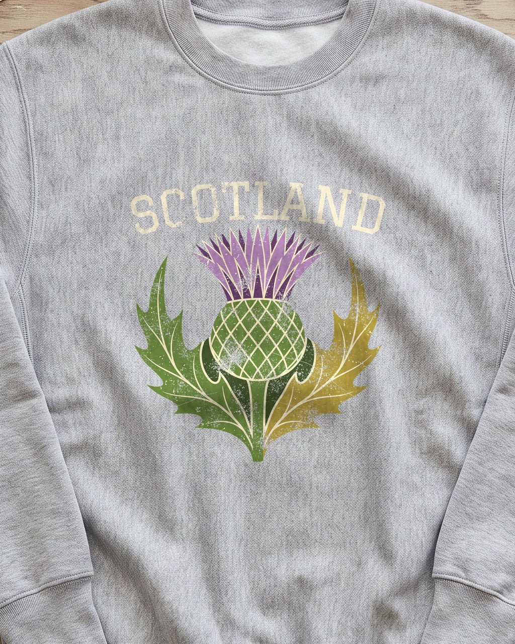 Scotland Thistle Vintage Emblem Crewneck Sweatshirt (close-up)