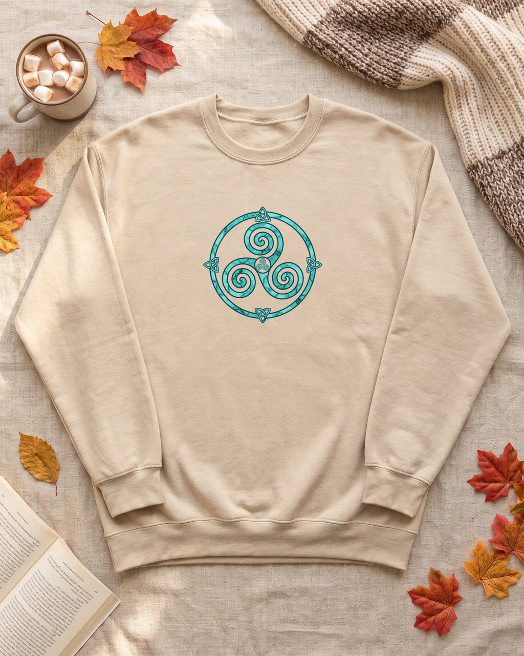 Celtic Triskele Spiral Trinity Knot Turquoise Crewneck Sweatshirt (photo)