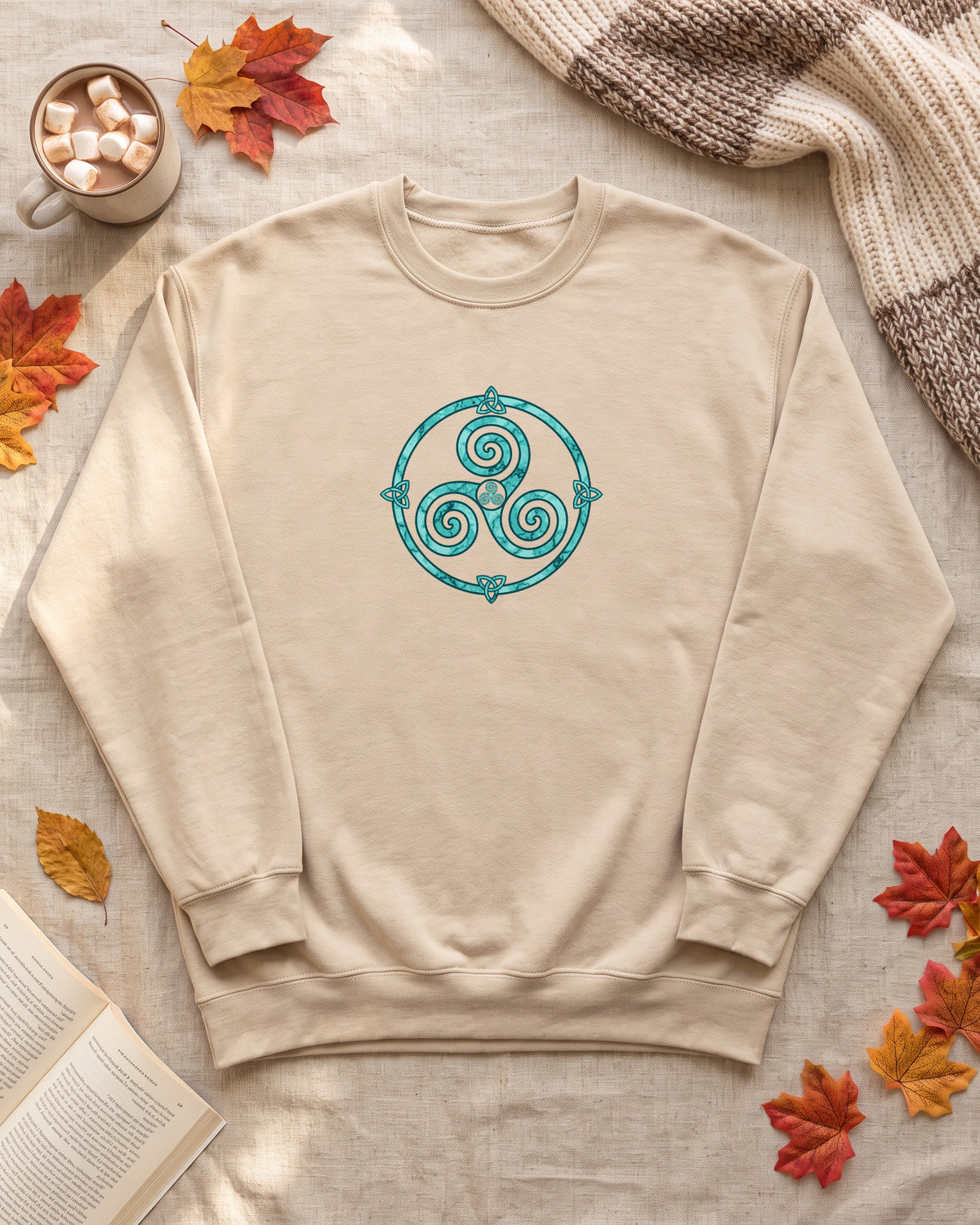 Celtic Triskele Spiral Trinity Knot Turquoise Crewneck Sweatshirt (photo)