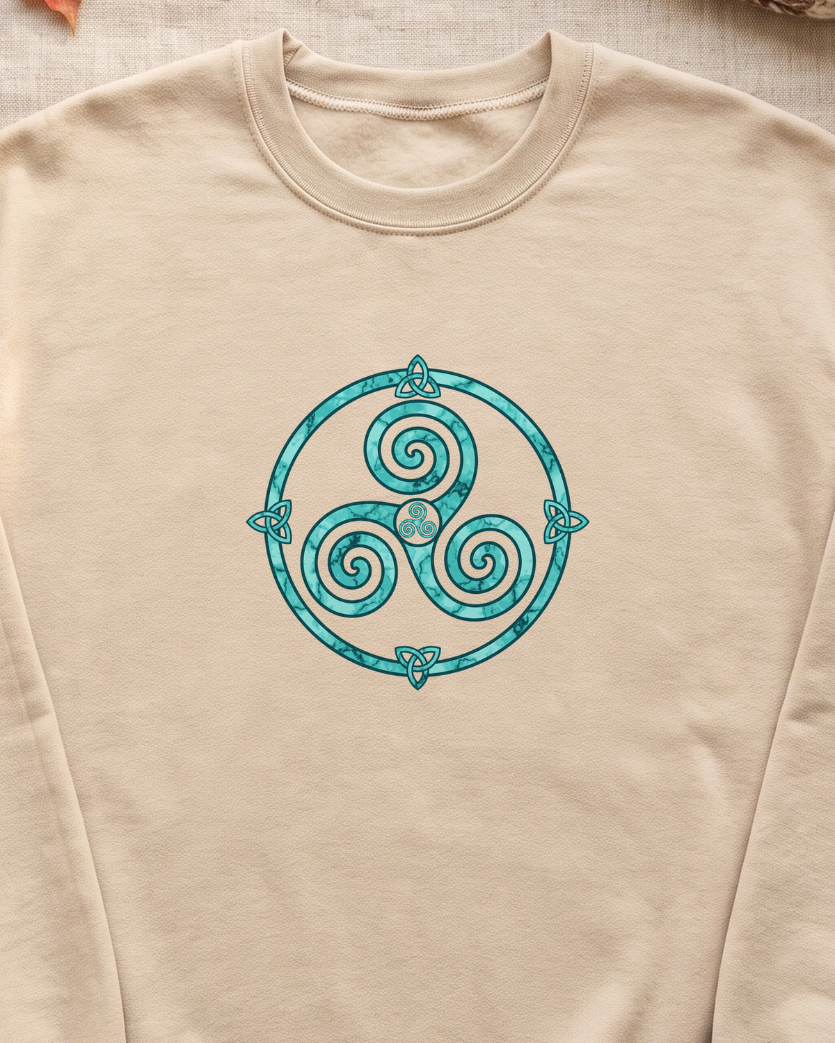 Celtic Triskele Spiral Trinity Knot Turquoise Crewneck Sweatshirt (close-up)