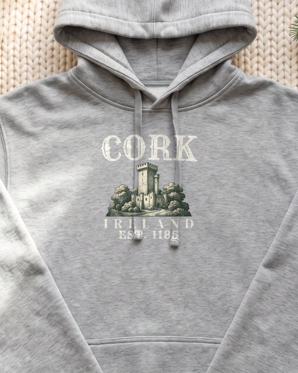 Cork Ireland Est 1185 Castle Sketch Hoodie (close-up)