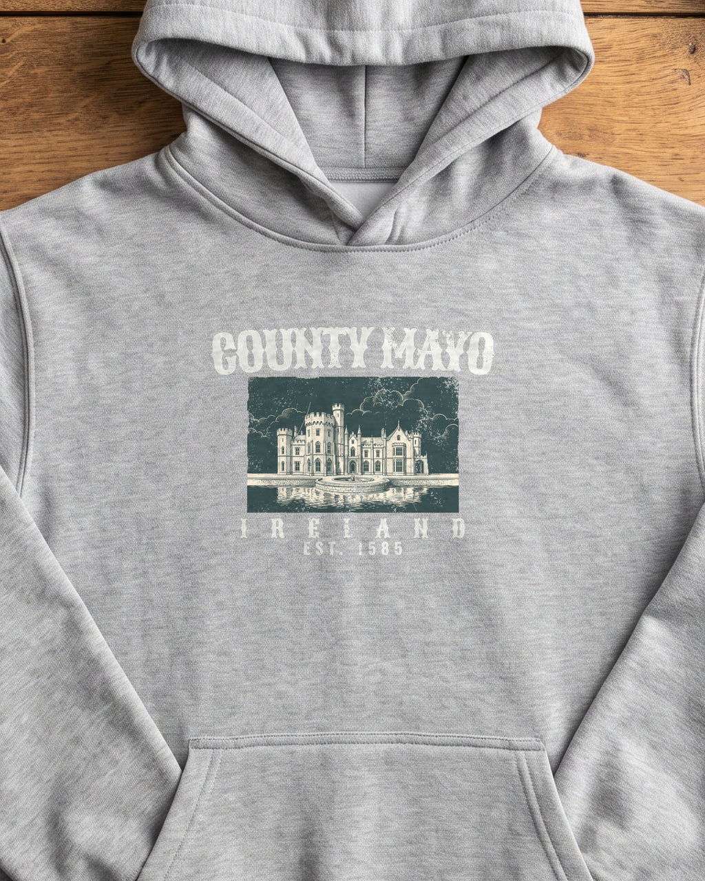 County Mayo Ireland Est 1585 Lakeside Castle Hoodie (close-up)
