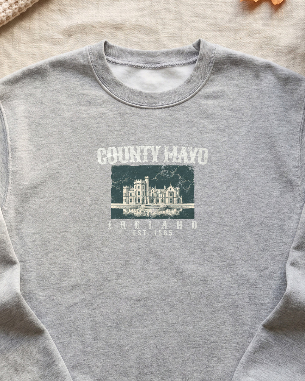 County Mayo Ireland Est 1585 Lakeside Castle Crewneck Sweatshirt (close-up)