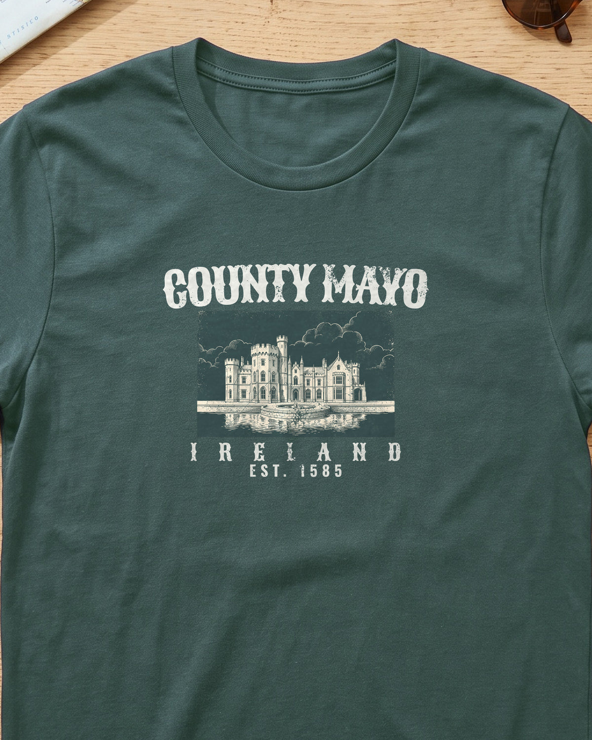 County Mayo Ireland Est 1585 Lakeside Castle T-Shirt (close-up)