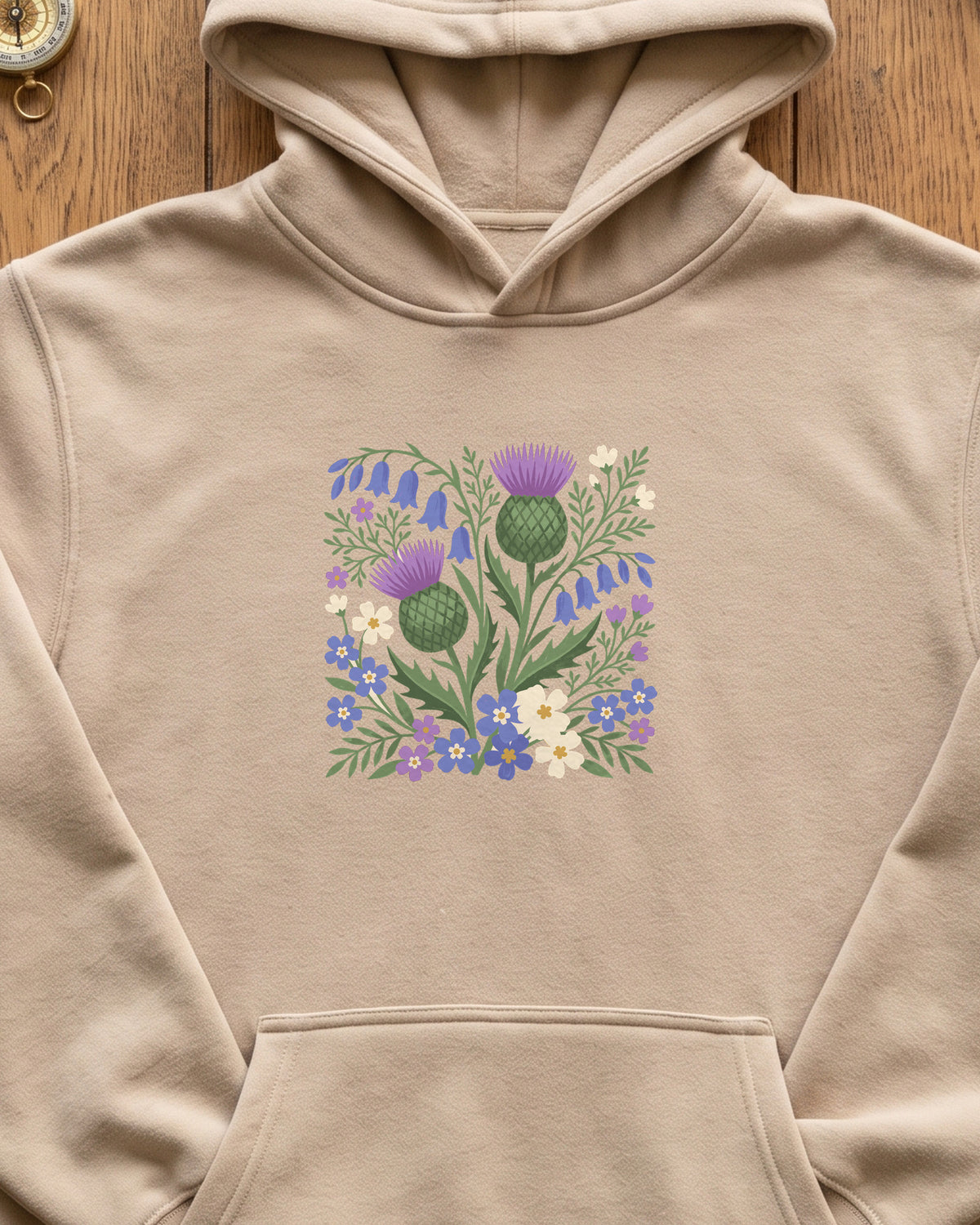 Scottish Thistle Floral Folk Art Bluebells Hoodie (close-up)