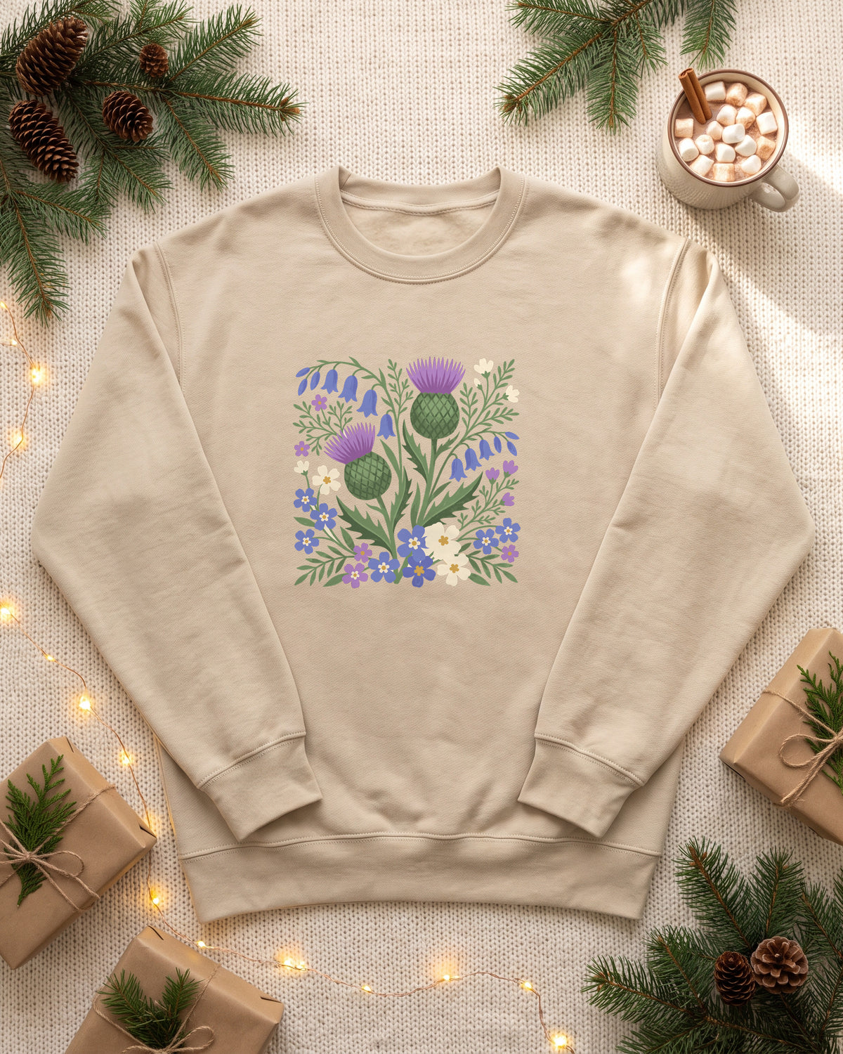 Scottish Thistle Floral Folk Art Bluebells Crewneck Sweatshirt (photo)