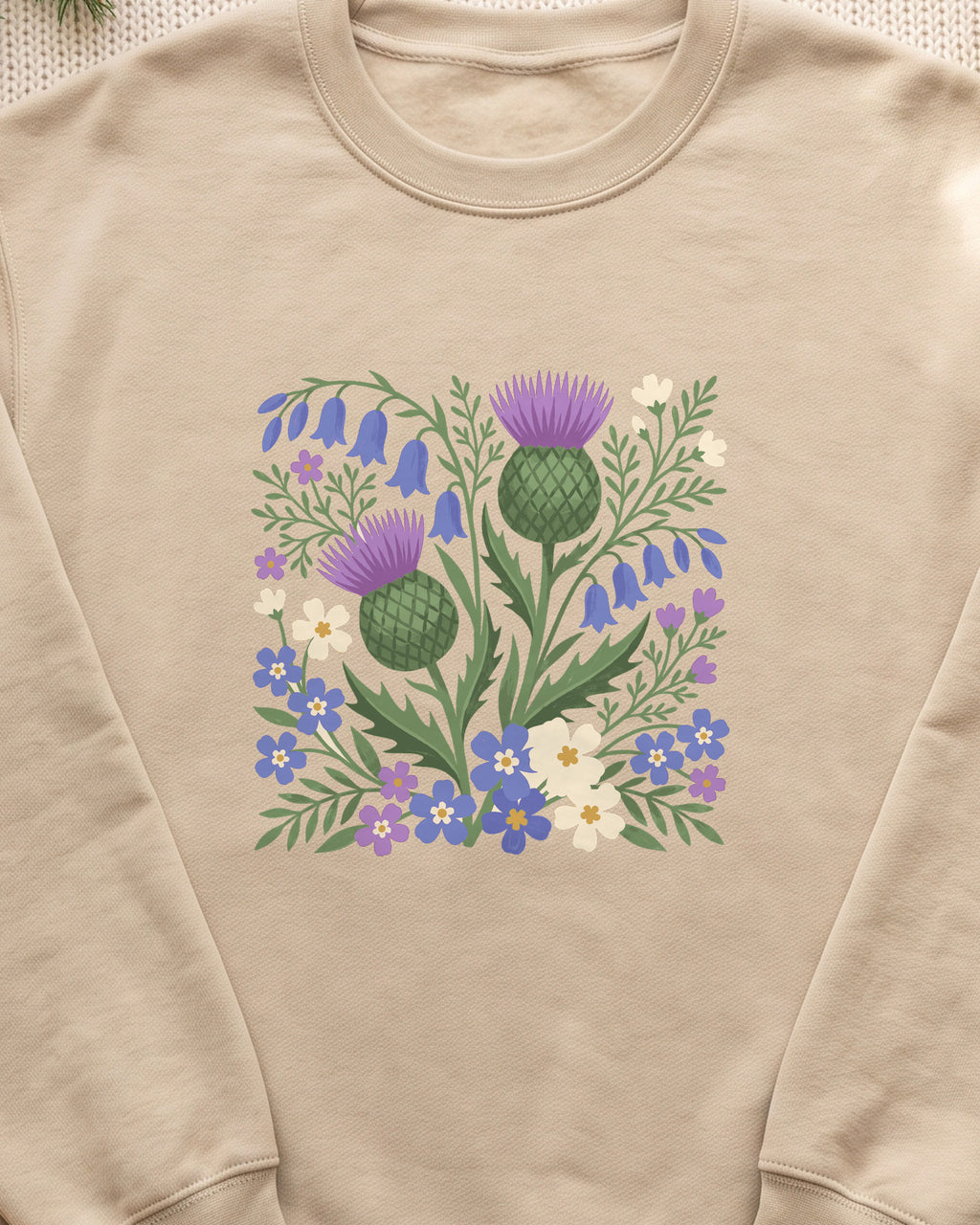 Scottish Thistle Floral Folk Art Bluebells Crewneck Sweatshirt (close-up)