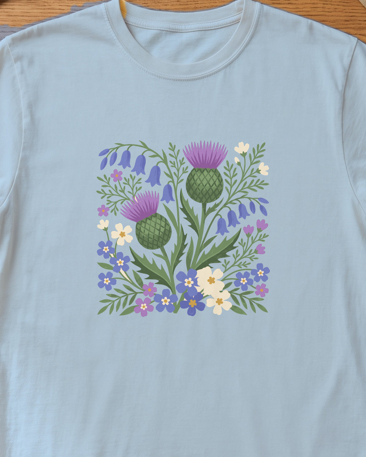 Scottish Thistle Floral Folk Art Bluebells T-Shirt (close-up)