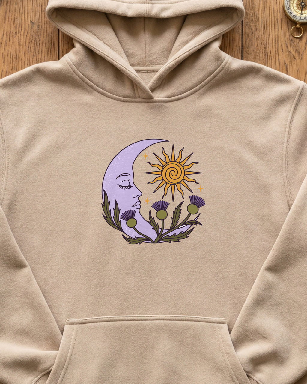 Thistle Moon Celestial Sun and Stars Hoodie (close-up)