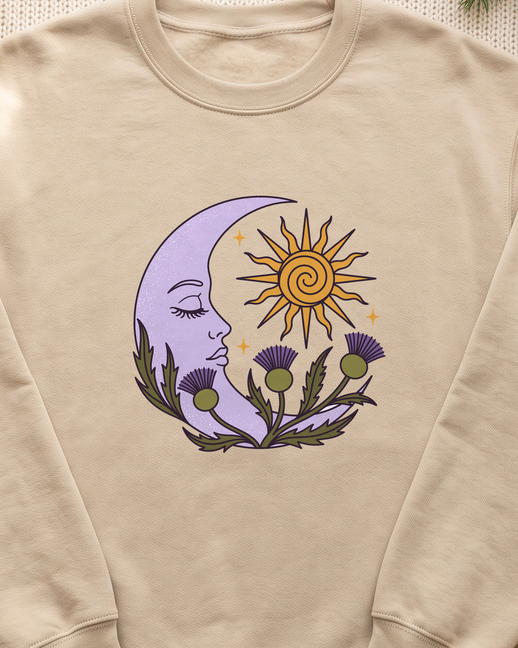Thistle Moon Celestial Sun and Stars Crewneck Sweatshirt (close-up)