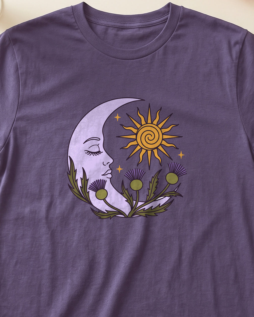 Thistle Moon Celestial Sun and Stars T-Shirt (close-up)