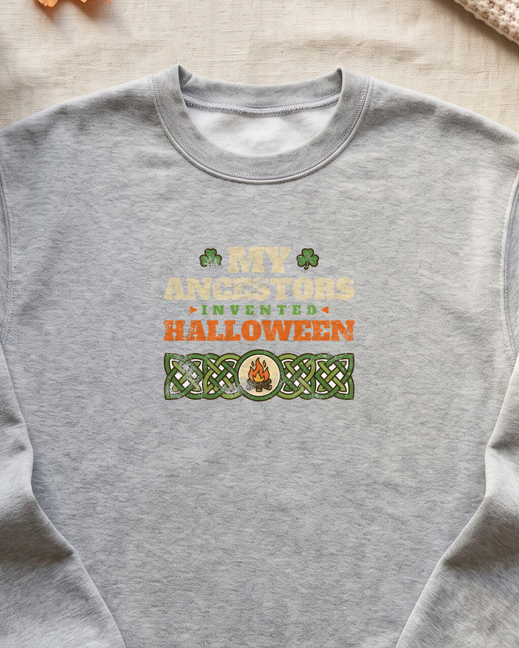 My Ancestors Invented Halloween Celtic Bonfire Crewneck Sweatshirt (close-up)