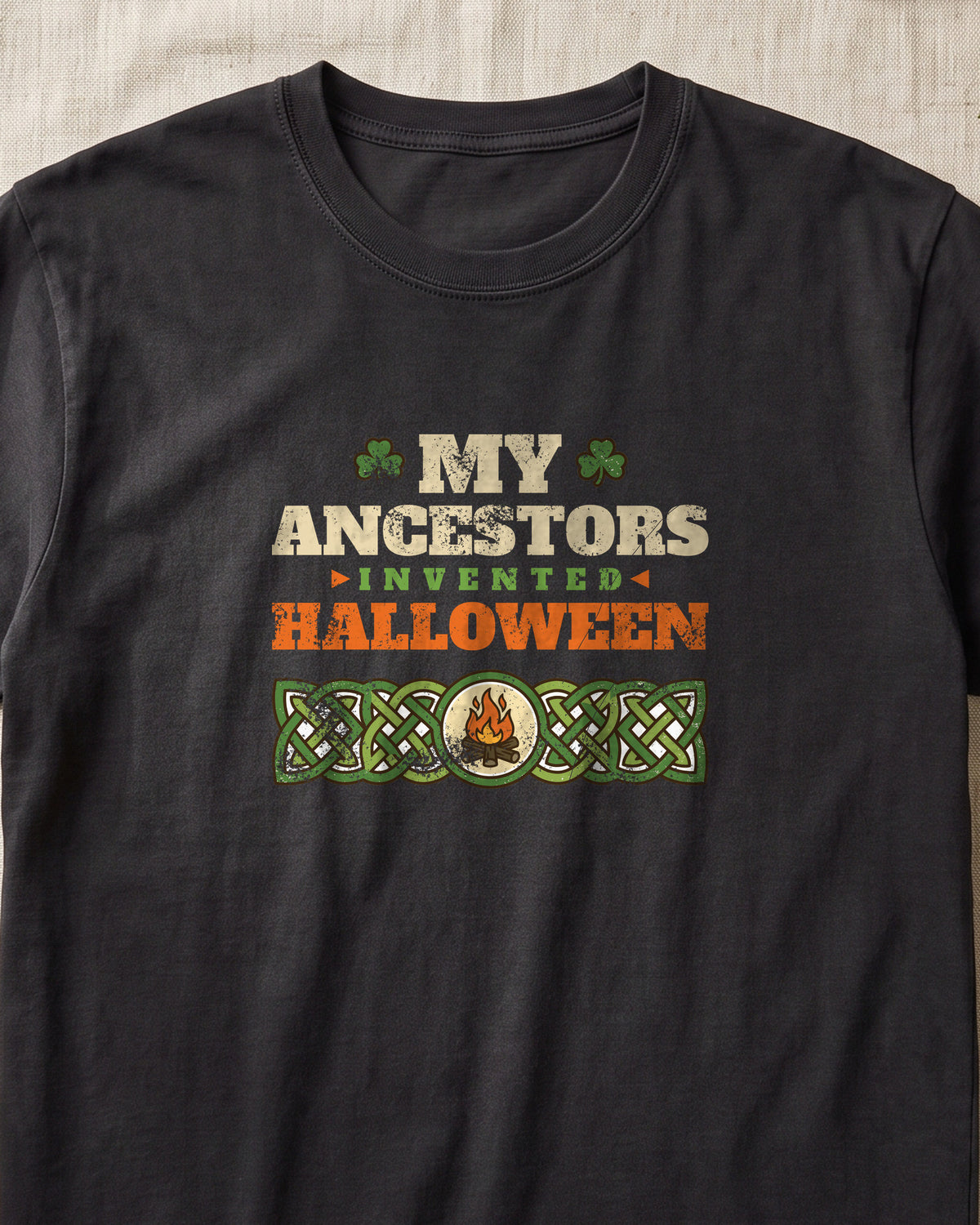 My Ancestors Invented Halloween Celtic Bonfire T-Shirt (close-up)