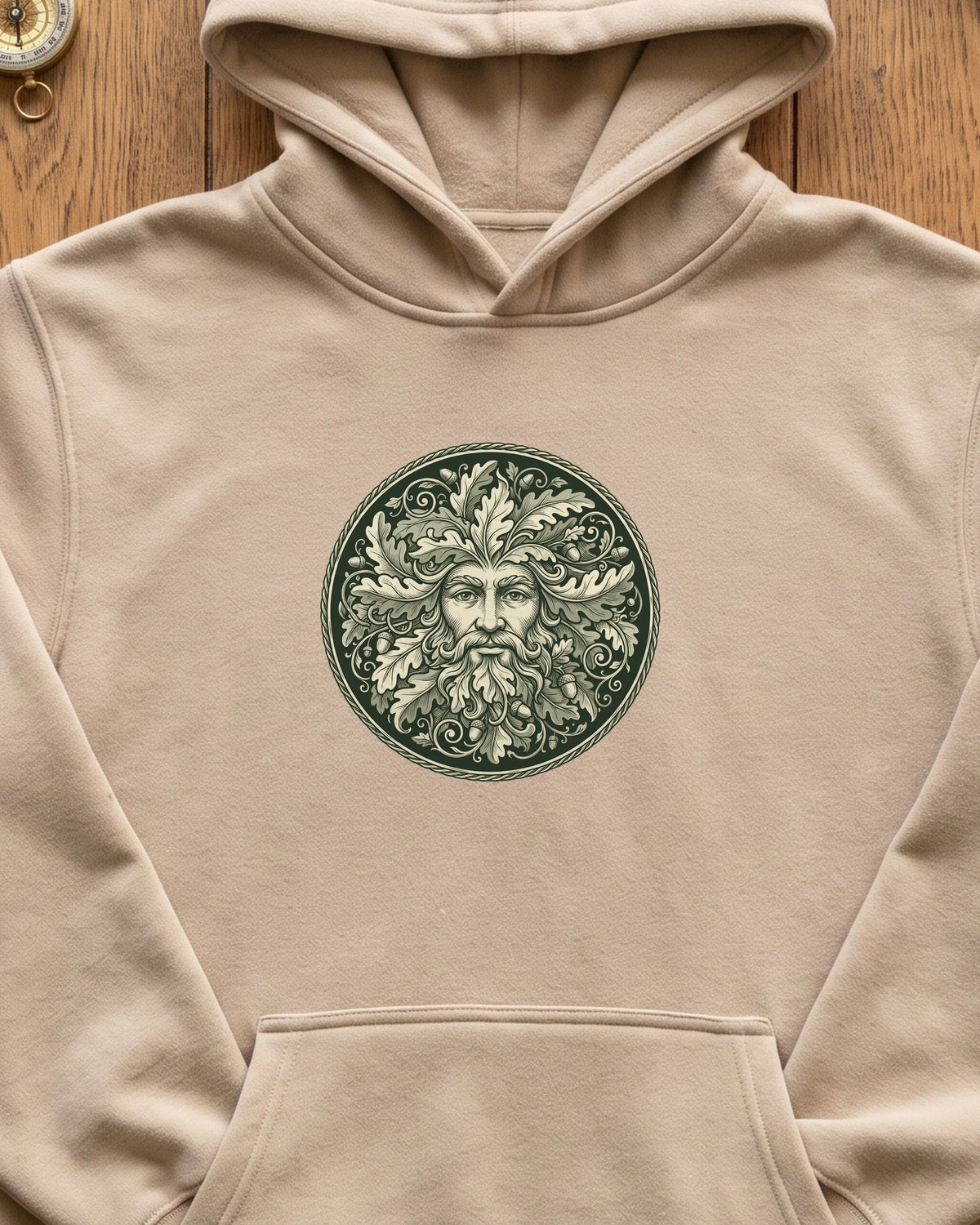 Green Man Oak Leaf and Acorn Medallion Hoodie (close-up)