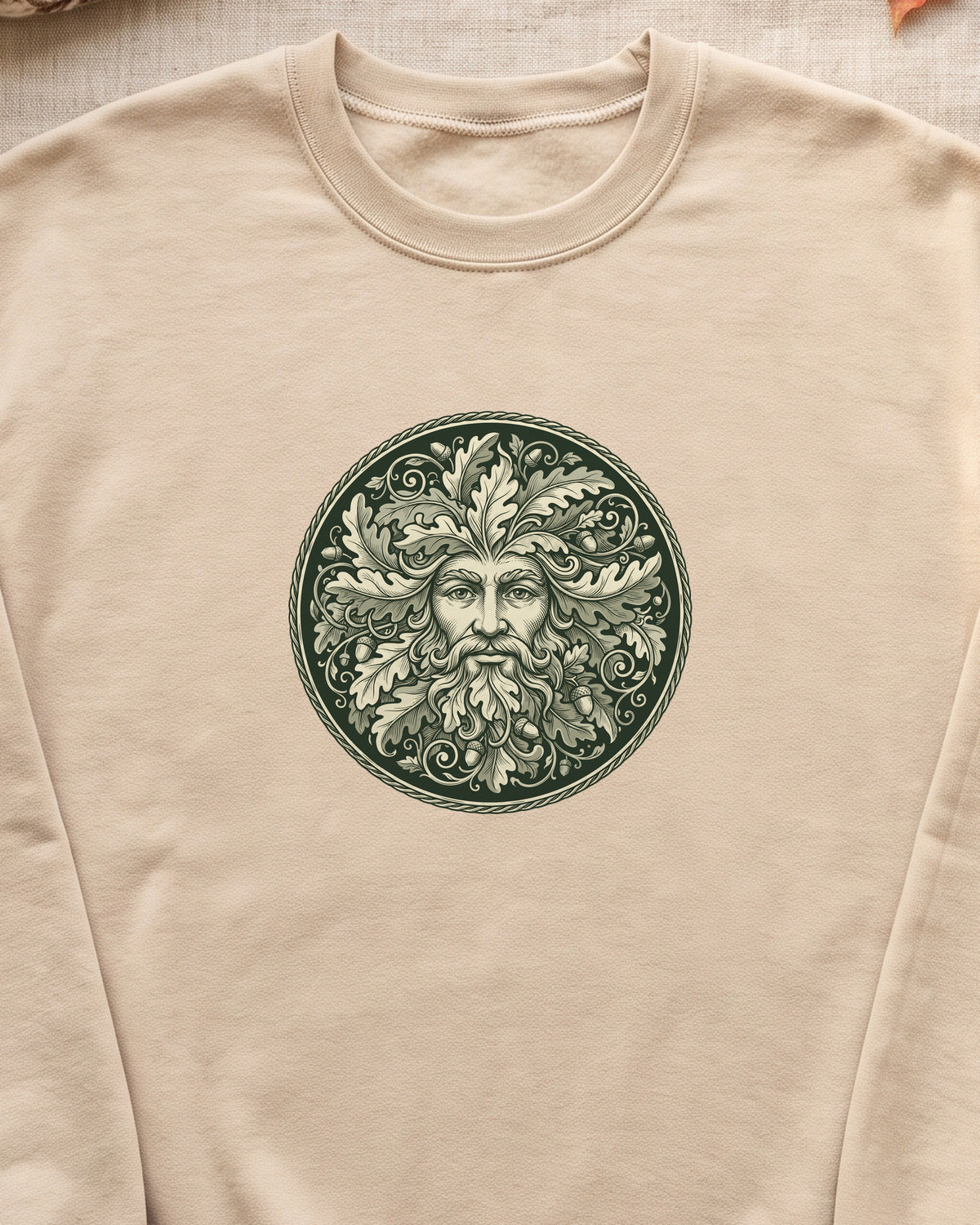 Green Man Oak Leaf and Acorn Medallion Crewneck Sweatshirt (close-up)