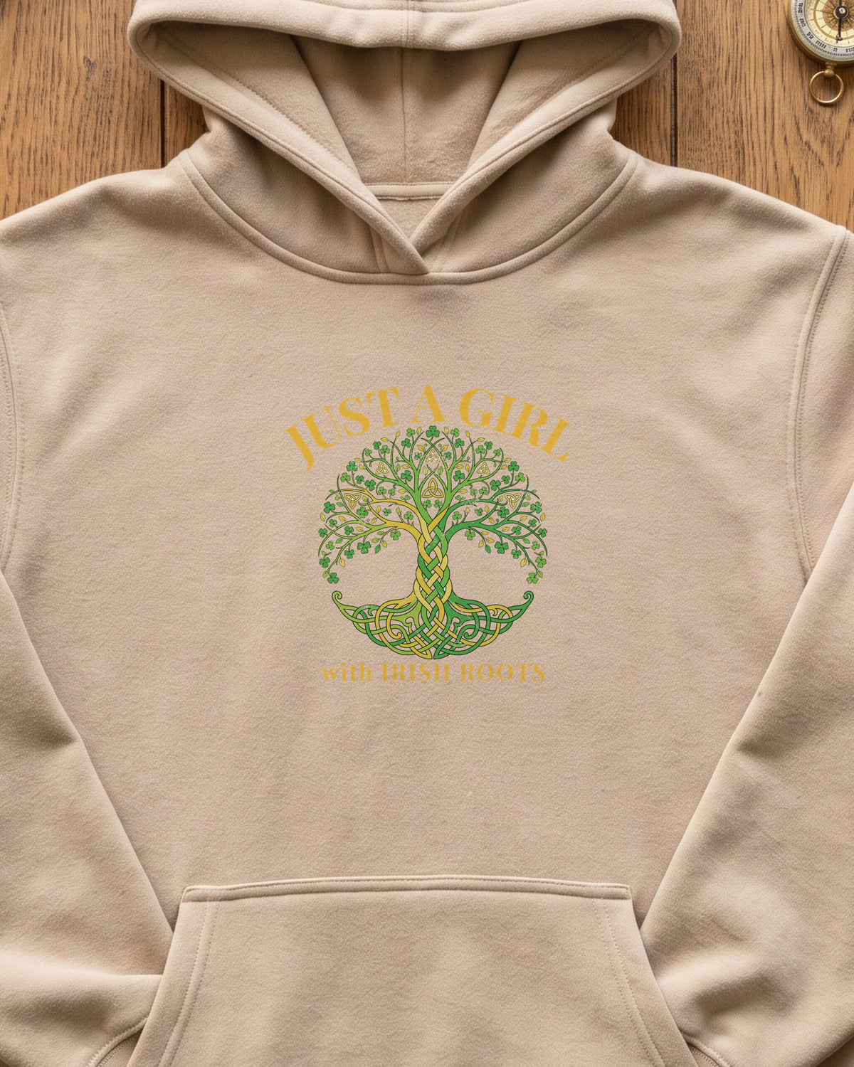 Just a Girl With Irish Roots Tree of Life Hoodie (close-up)
