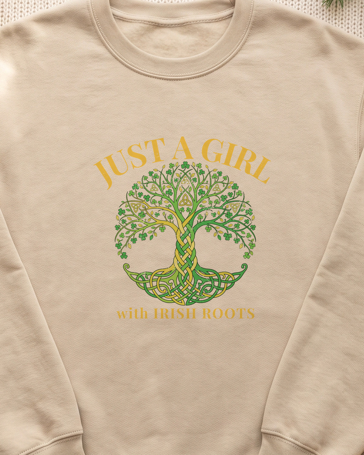 Just a Girl With Irish Roots Tree of Life Crewneck Sweatshirt (close-up)