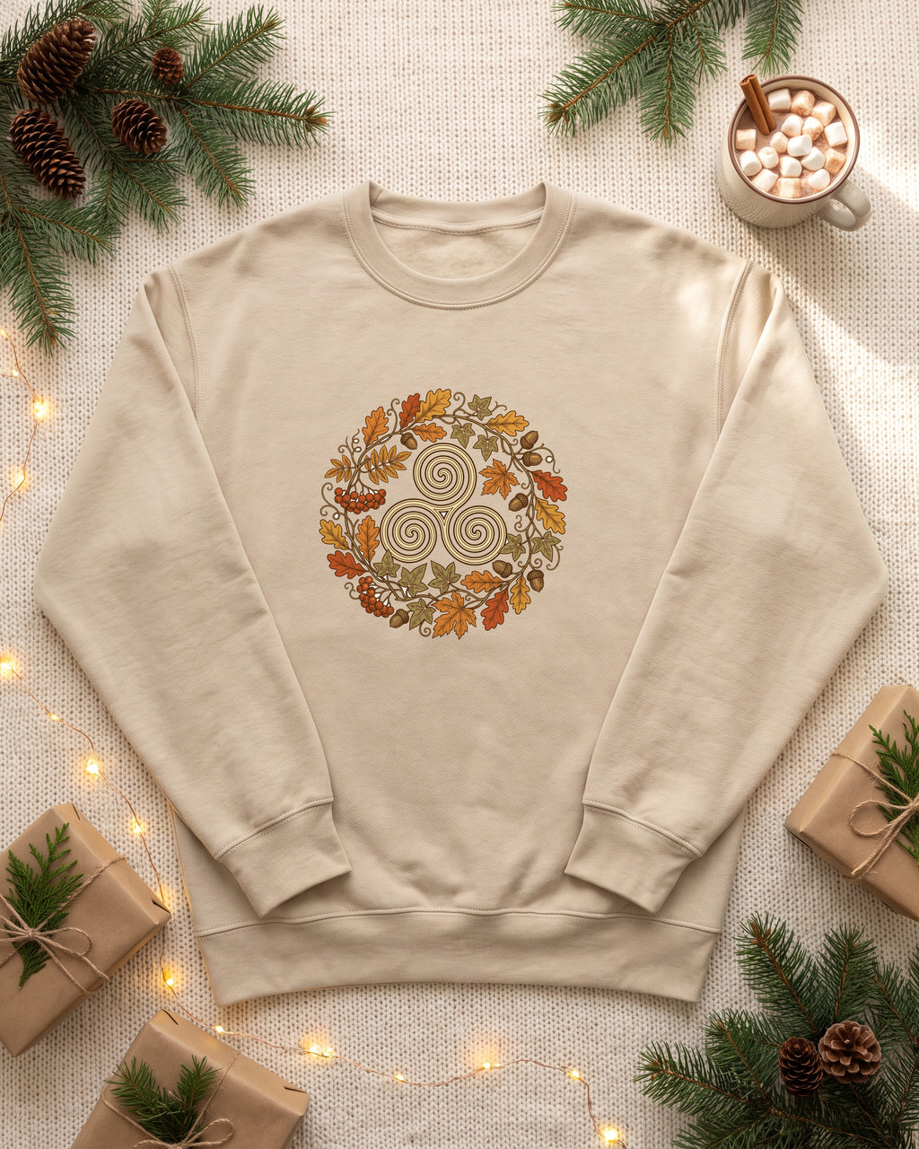 Celtic Autumn Spiral Leaf Wreath Crewneck Sweatshirt (photo)