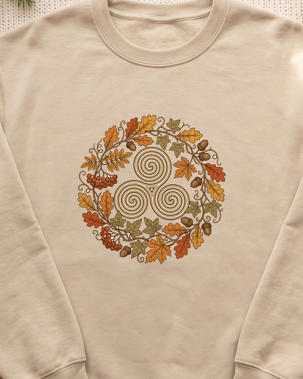 Celtic Autumn Spiral Leaf Wreath Crewneck Sweatshirt (close-up)