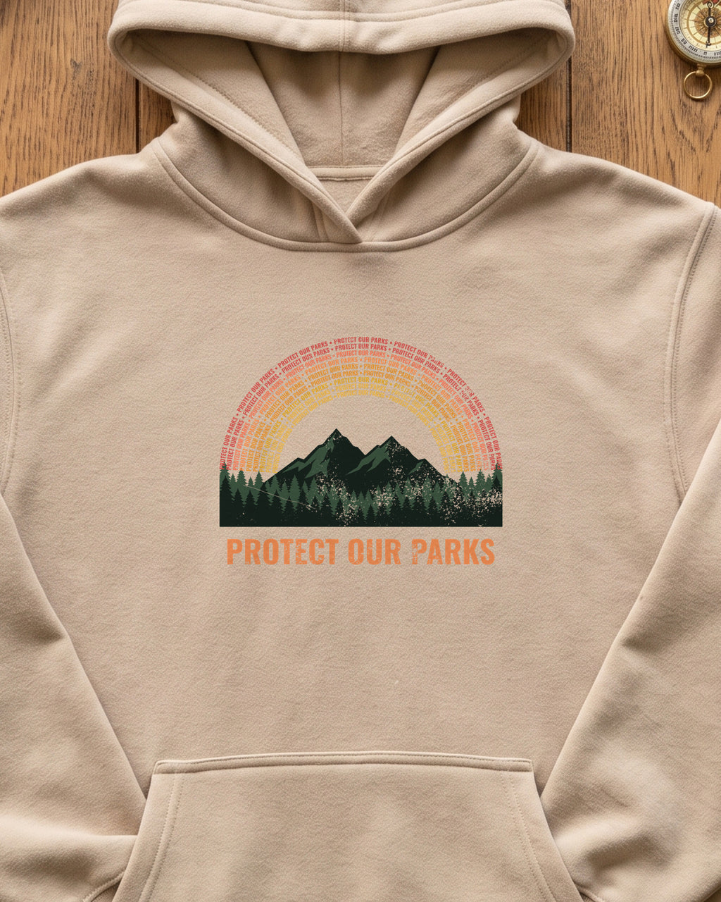 Protect Our Parks Retro Sunset Mountains Hoodie (close-up)