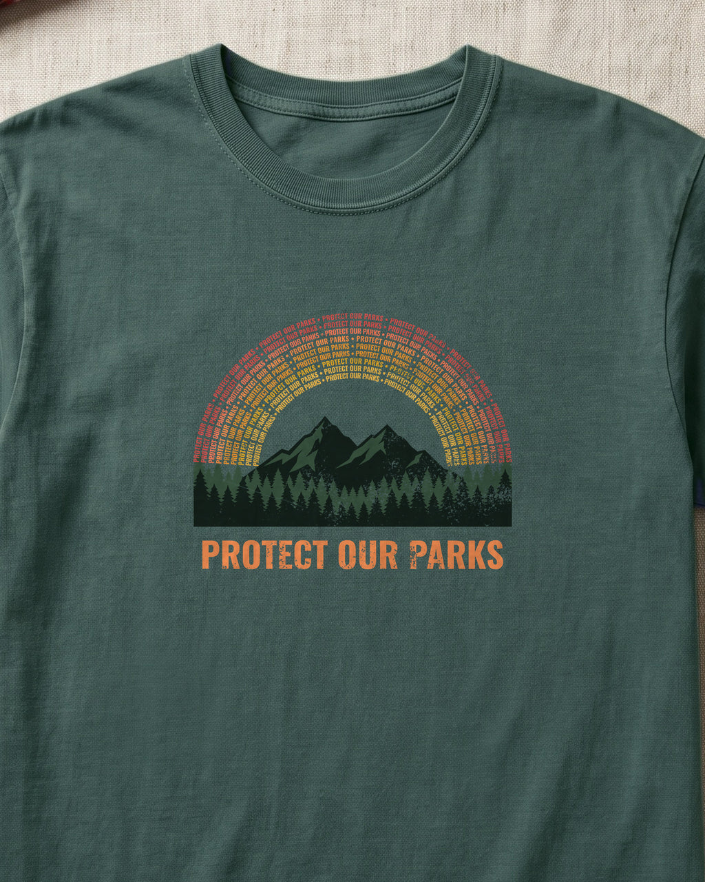 Protect Our Parks Retro Sunset Mountains T-Shirt (close-up)