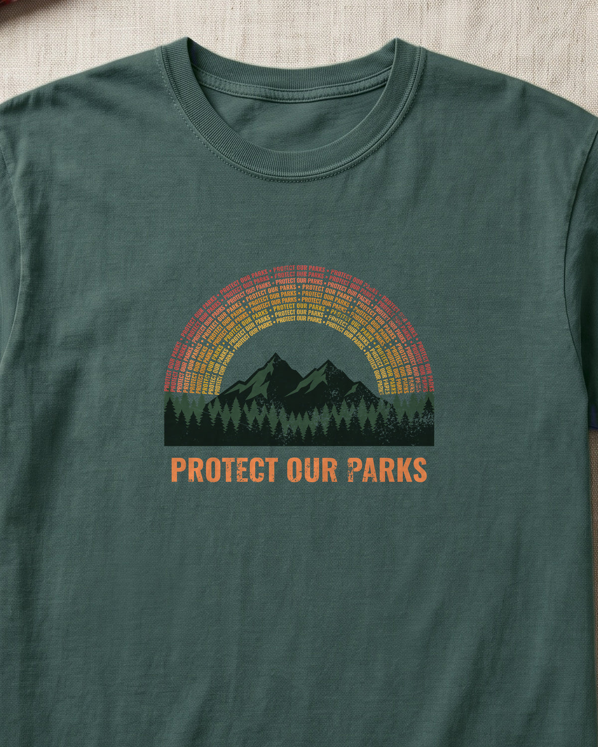 Protect Our Parks Retro Sunset Mountains T-Shirt (close-up)