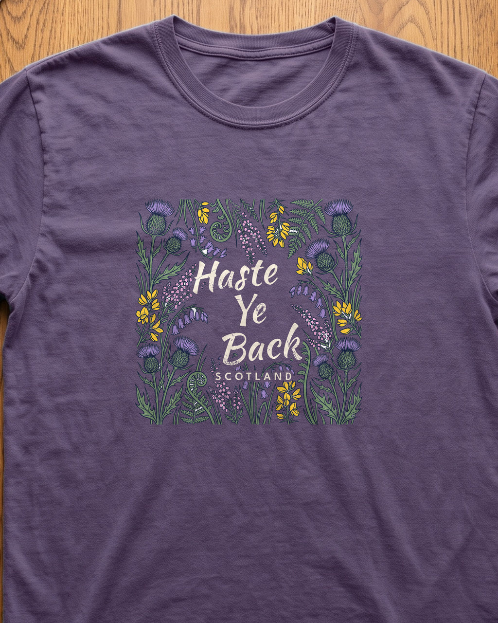 Haste Ye Back Scotland Thistle Wildflowers T-Shirt (close-up)