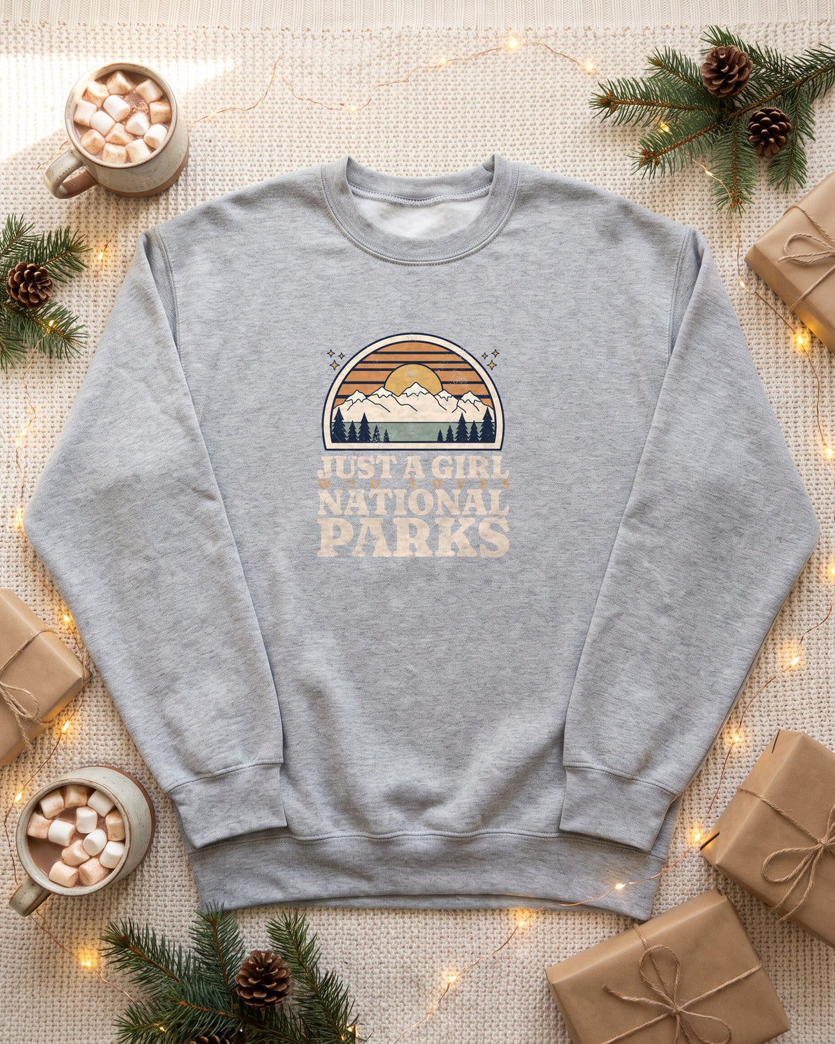 Just a Girl Who Loves National Parks Retro Sunset Crewneck Sweatshirt (photo)