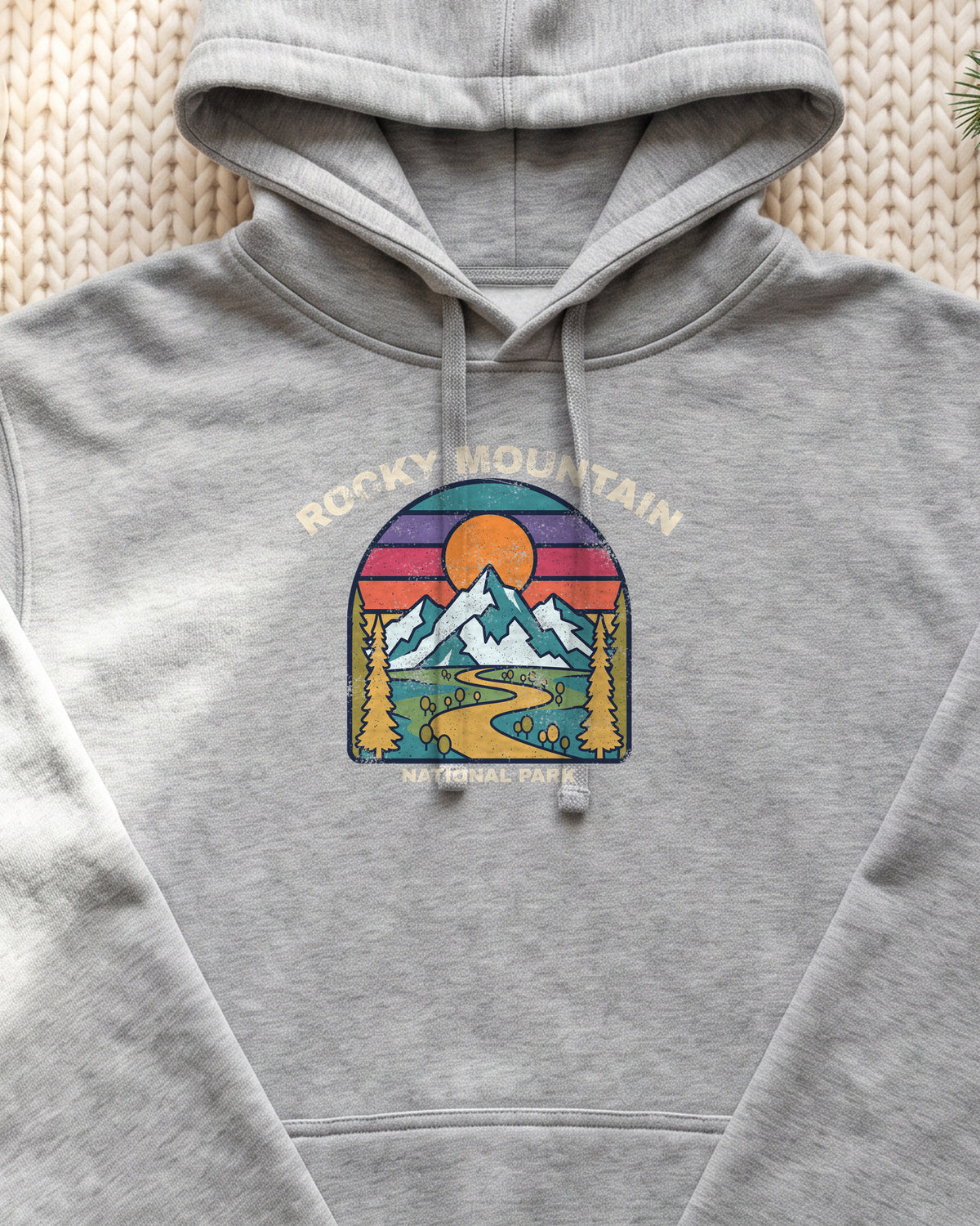 Rocky Mountain National Park Retro Sunset Hoodie (close-up)