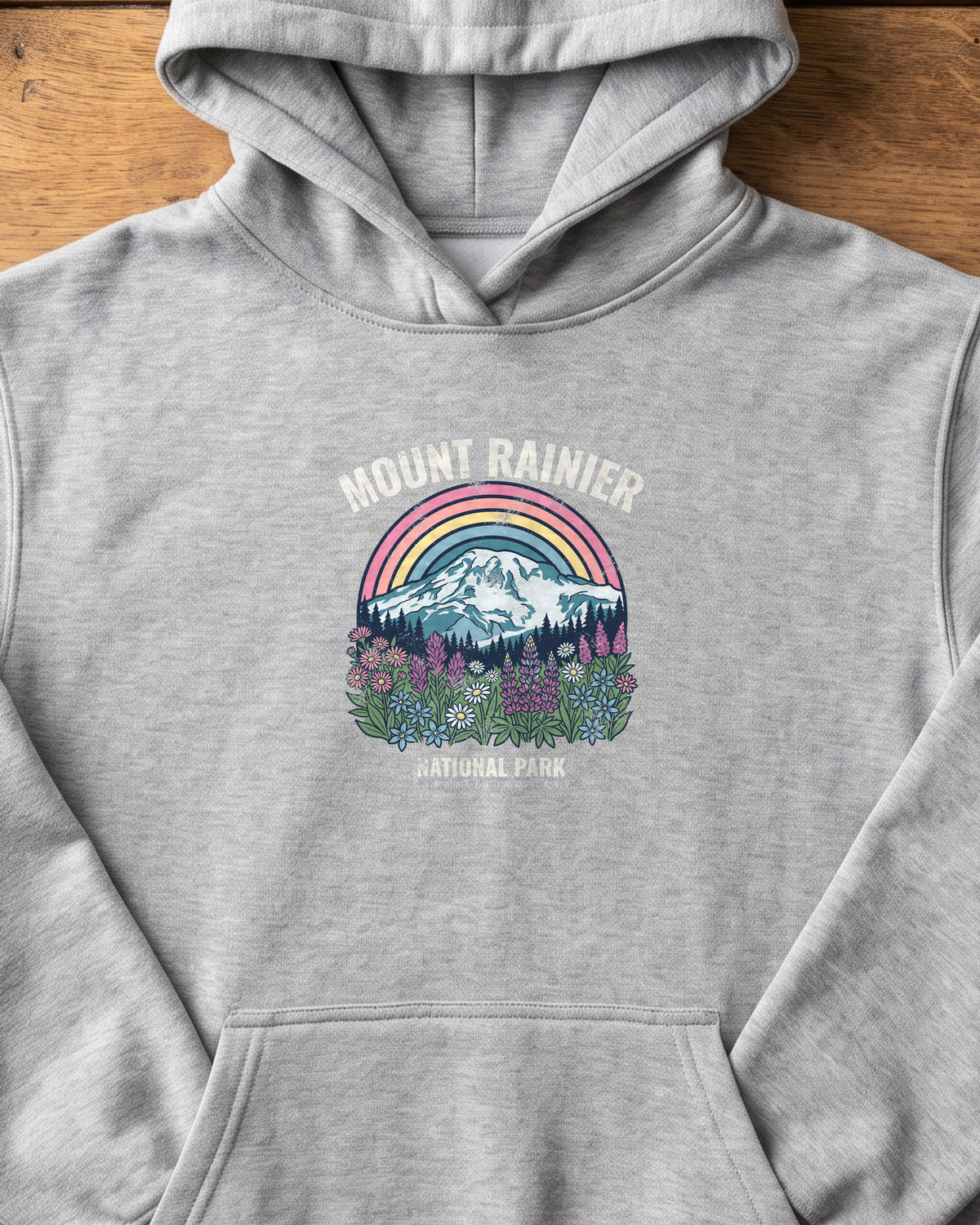 Mount Rainier National Park Wildflower Sunset Hoodie (close-up)