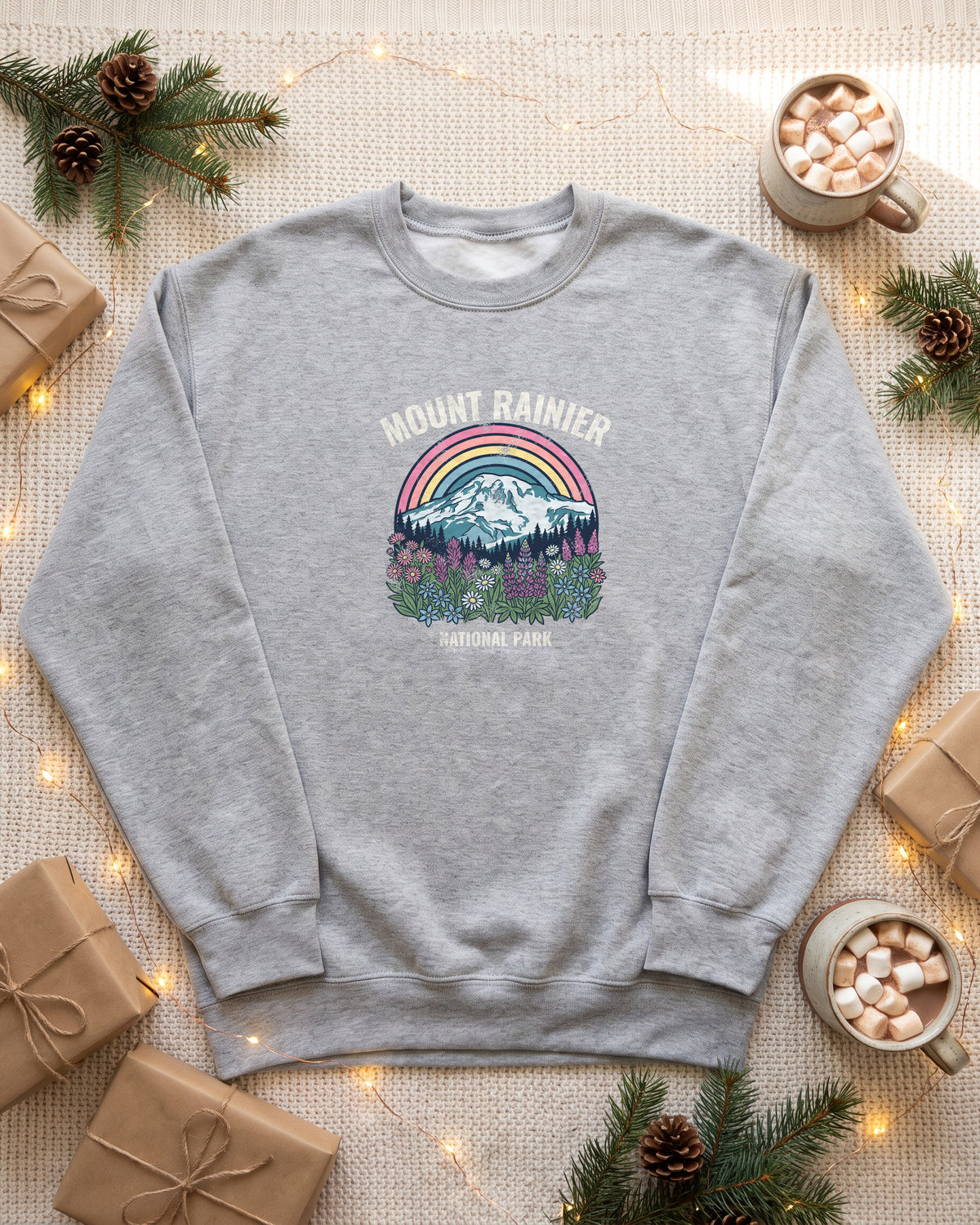 Mount Rainier National Park Wildflower Sunset Crewneck Sweatshirt (photo)