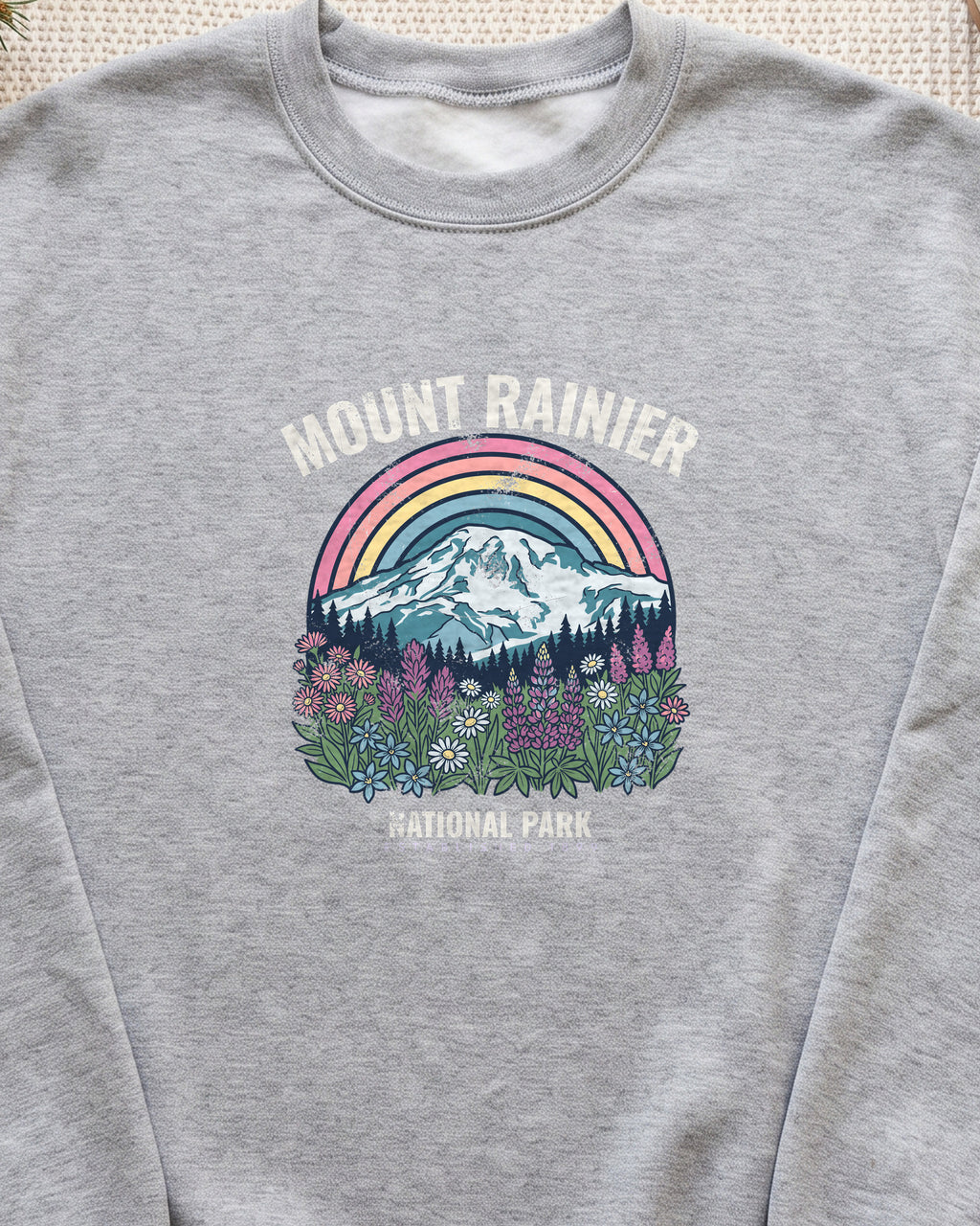 Mount Rainier National Park Wildflower Sunset Crewneck Sweatshirt (close-up)