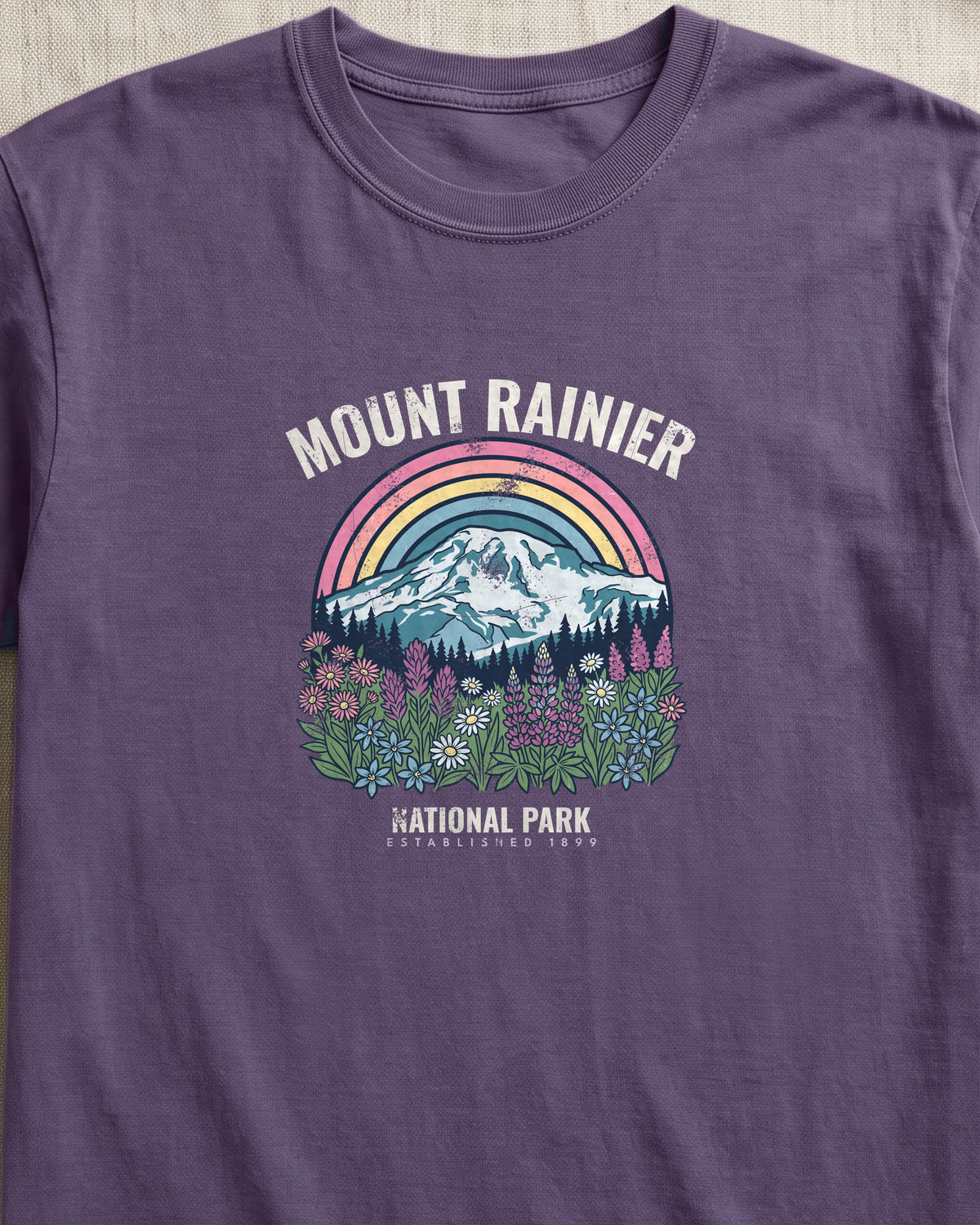 Mount Rainier National Park Wildflower Sunset T-Shirt (close-up)