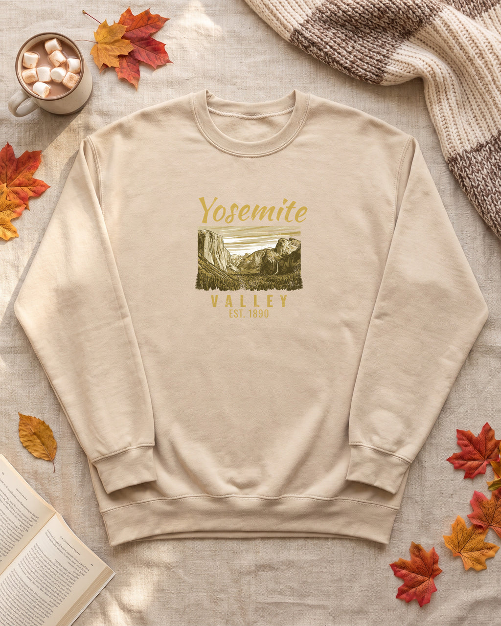 Yosemite Valley Est 1890 Granite Cliffs Engraving Crewneck Sweatshirt (photo)