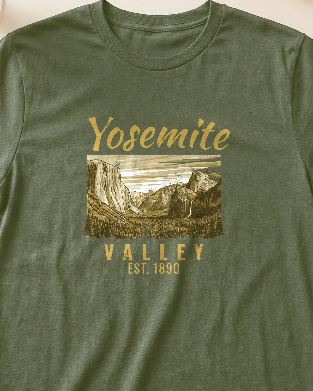 Yosemite Valley Est 1890 Granite Cliffs Engraving T-Shirt (close-up)
