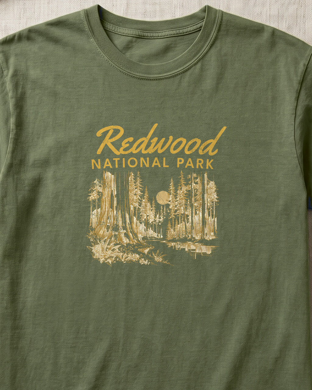 Redwood National Park Vintage Forest Sketch T-Shirt (close-up)